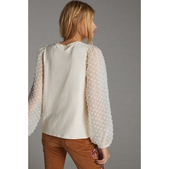 Maeve by Anthropologie Textured-Sleeve Round Neck Blouse Top Cream Women's XL - Picture 2 of 11